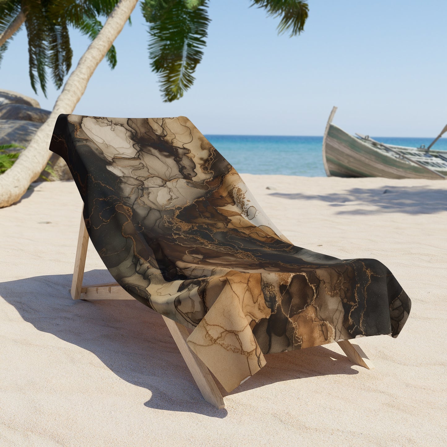 Earth Tone Watercolor, Marble Smoke Beach Towel — Brown Abstract Ink Wave Design