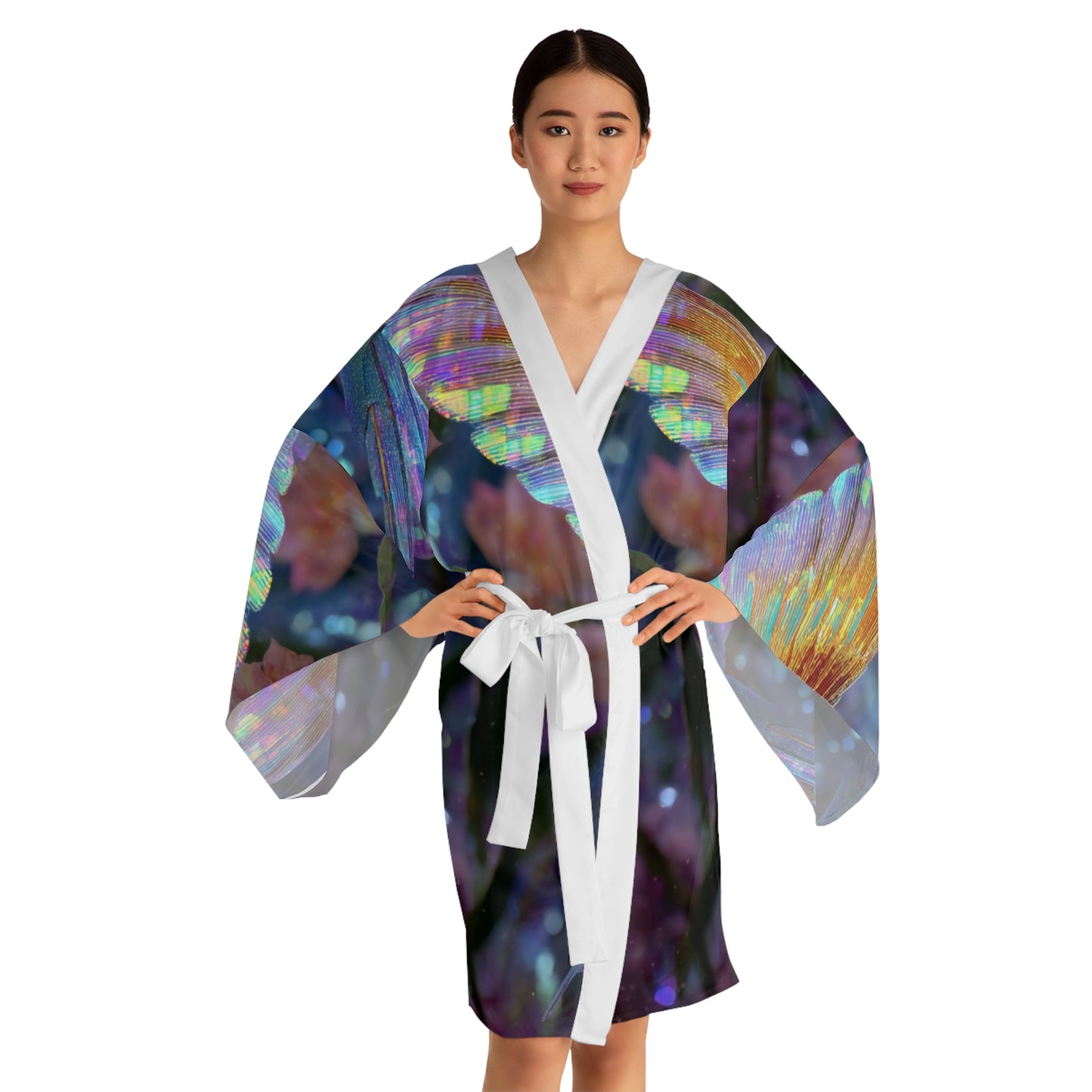 Iridescent Hummingbird, Long Sleeve Kimono Robe - Ethereal Floral Design