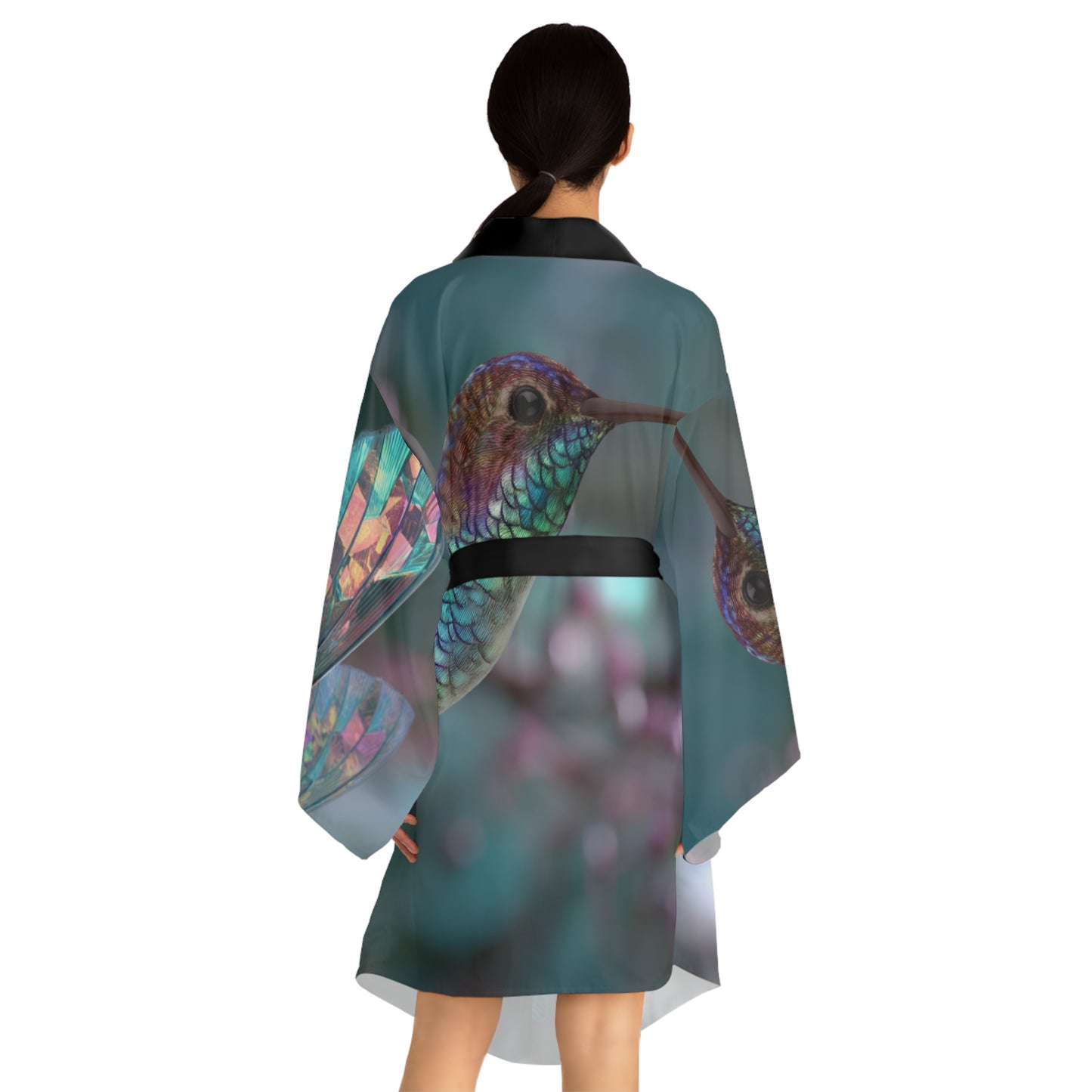 Hummingbird in Flight with Iridescent Wings, Long Sleeve Kimono Robe - Elegant Loungewear for Relaxation & Style