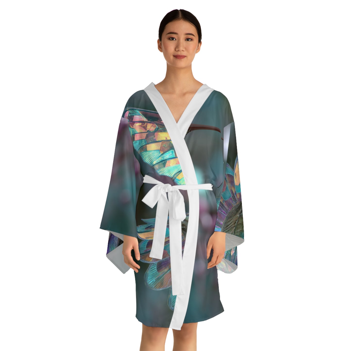 Hummingbird in Flight with Iridescent Wings, Long Sleeve Kimono Robe - Elegant Loungewear for Relaxation & Style