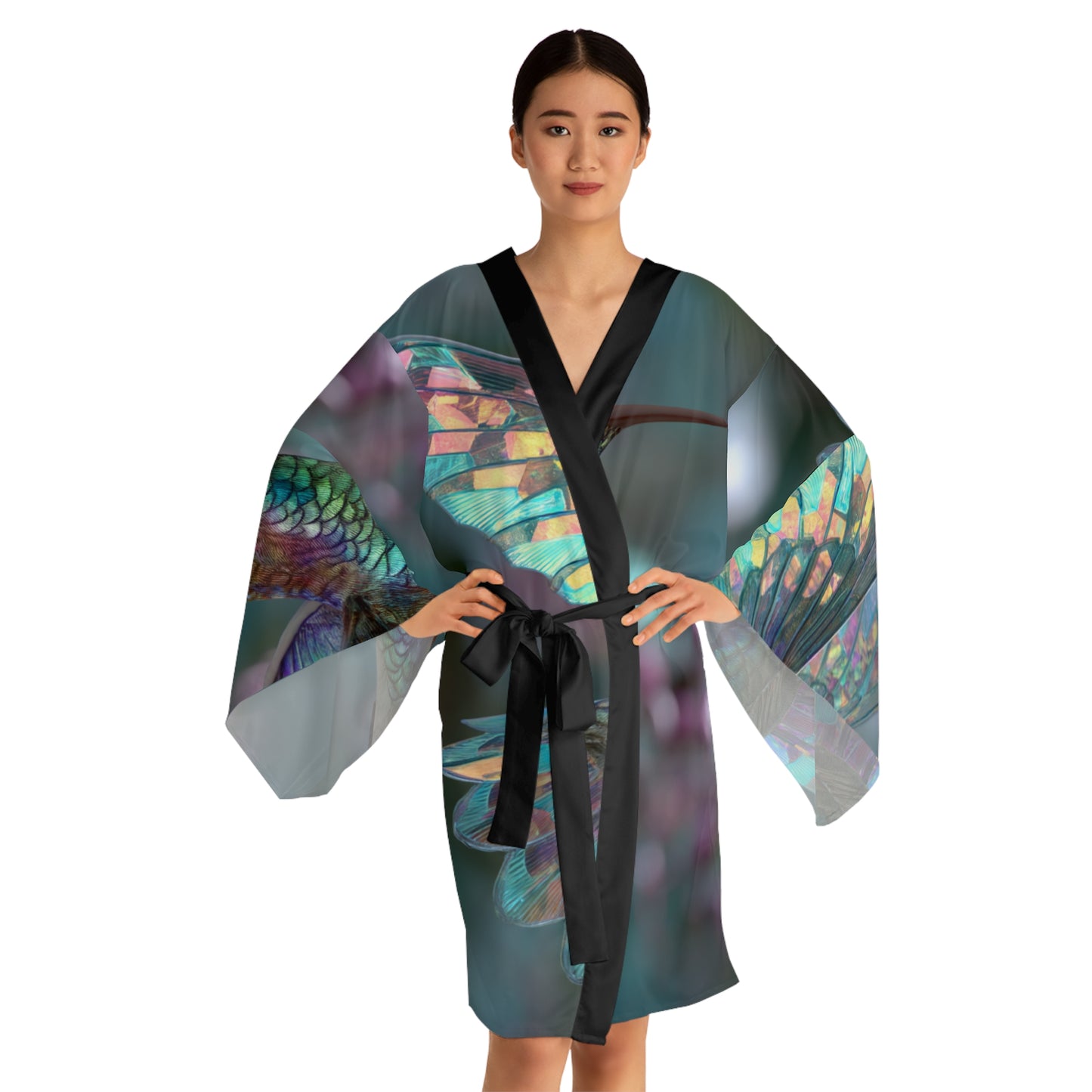 Hummingbird in Flight with Iridescent Wings, Long Sleeve Kimono Robe - Elegant Loungewear for Relaxation & Style