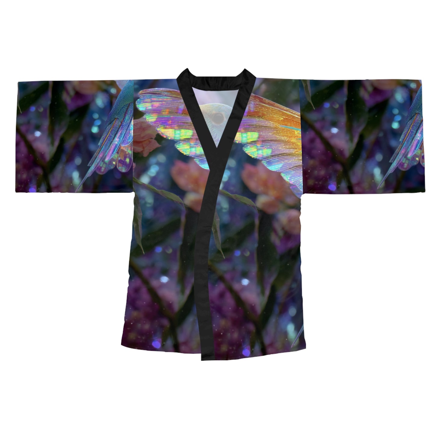 Iridescent Hummingbird, Long Sleeve Kimono Robe - Ethereal Floral Design