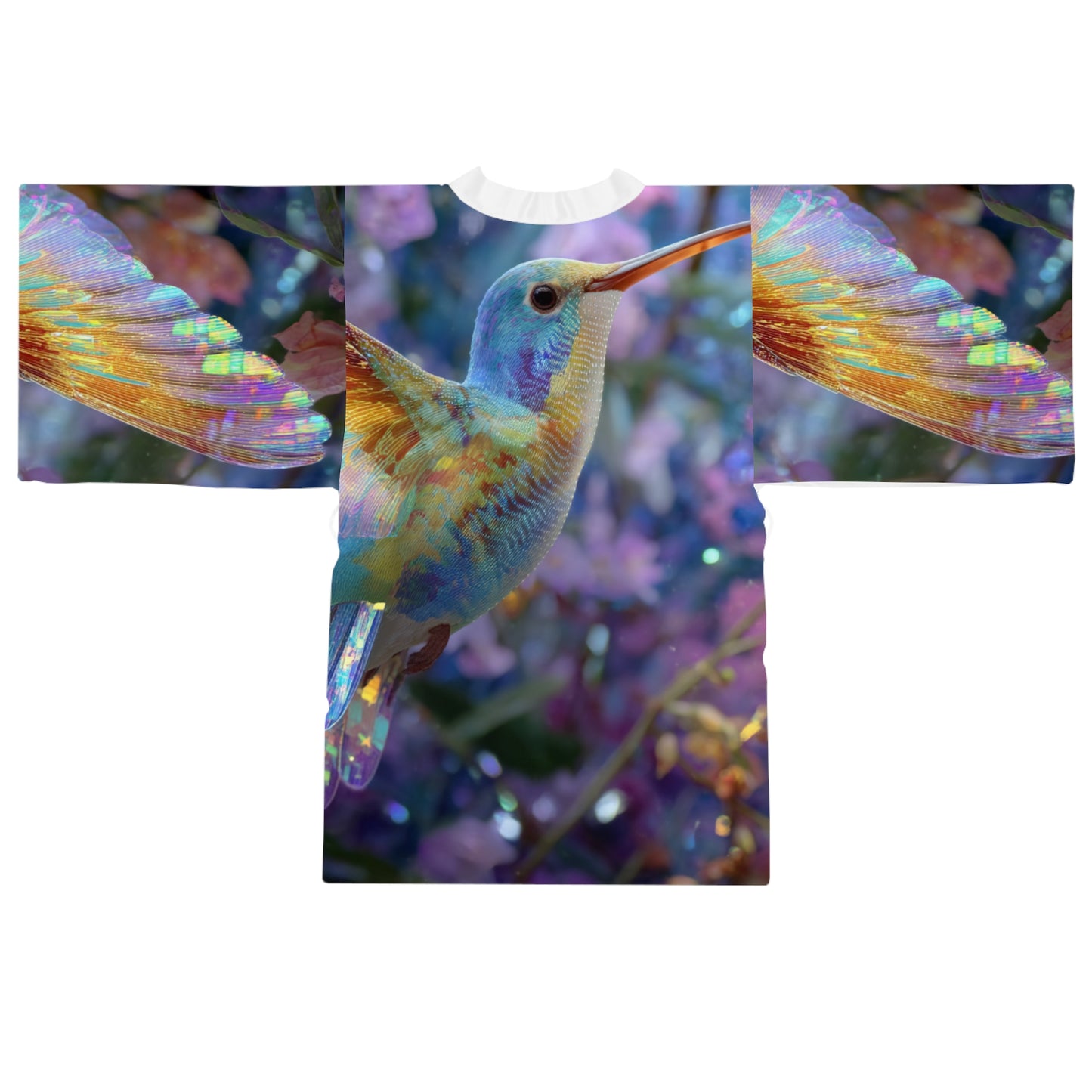 Iridescent Hummingbird, Long Sleeve Kimono Robe - Ethereal Floral Design