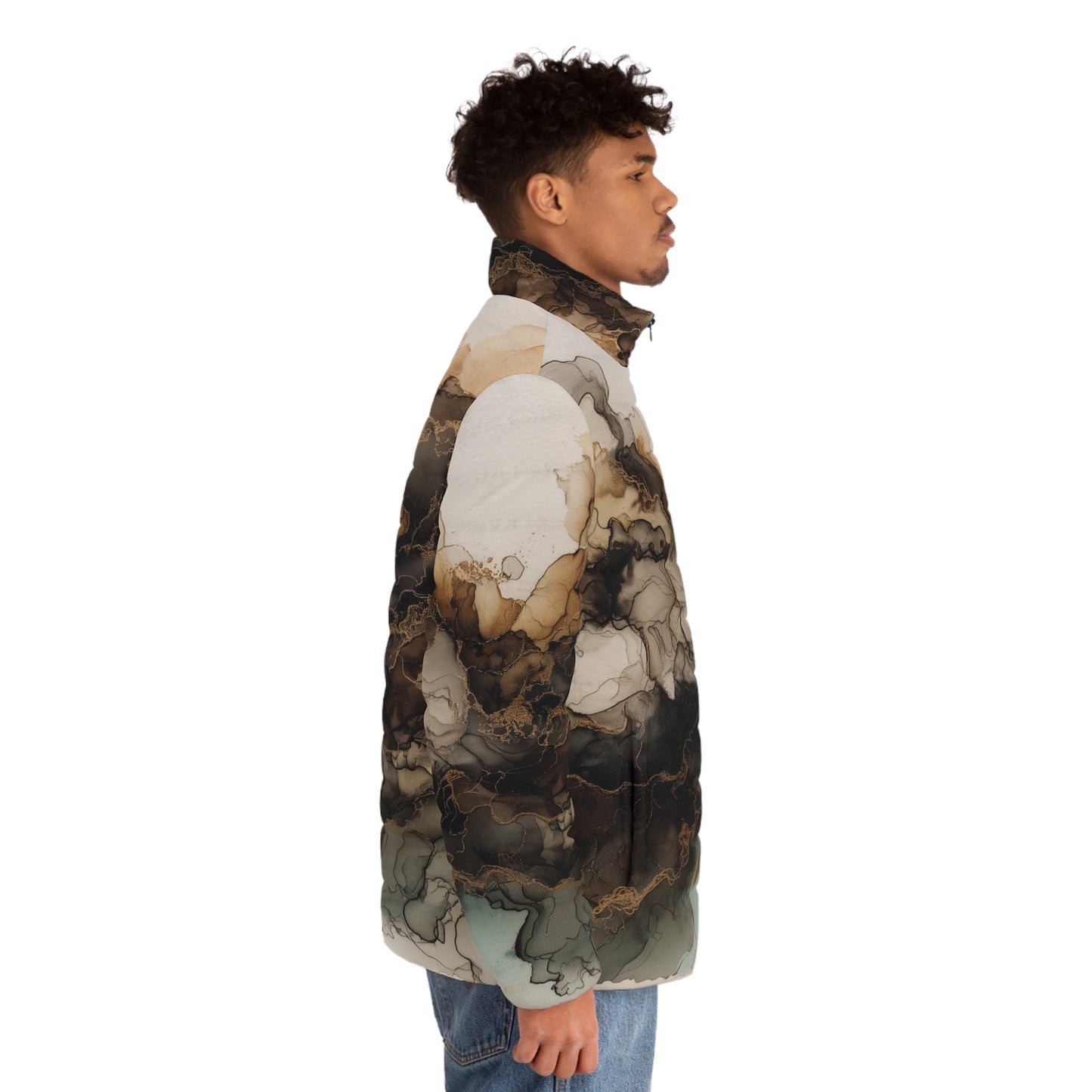 Earth Toned Watercolor, Men's Marble Smoke Puffer Jacket — Abstract Earth Tone All-Over Print