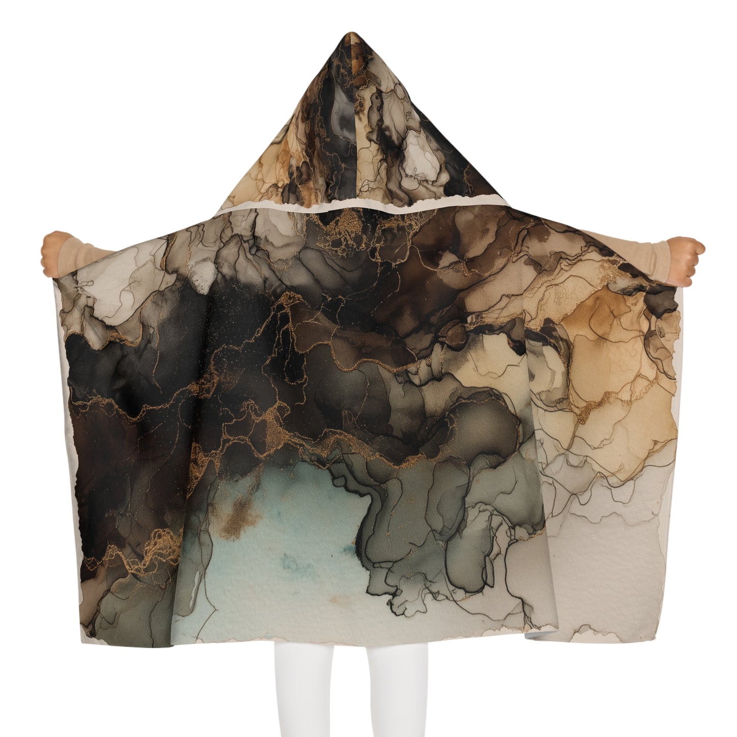 Earth Toned Watercolor, Hooded Towel - Marble Ink Swirl (Youth)