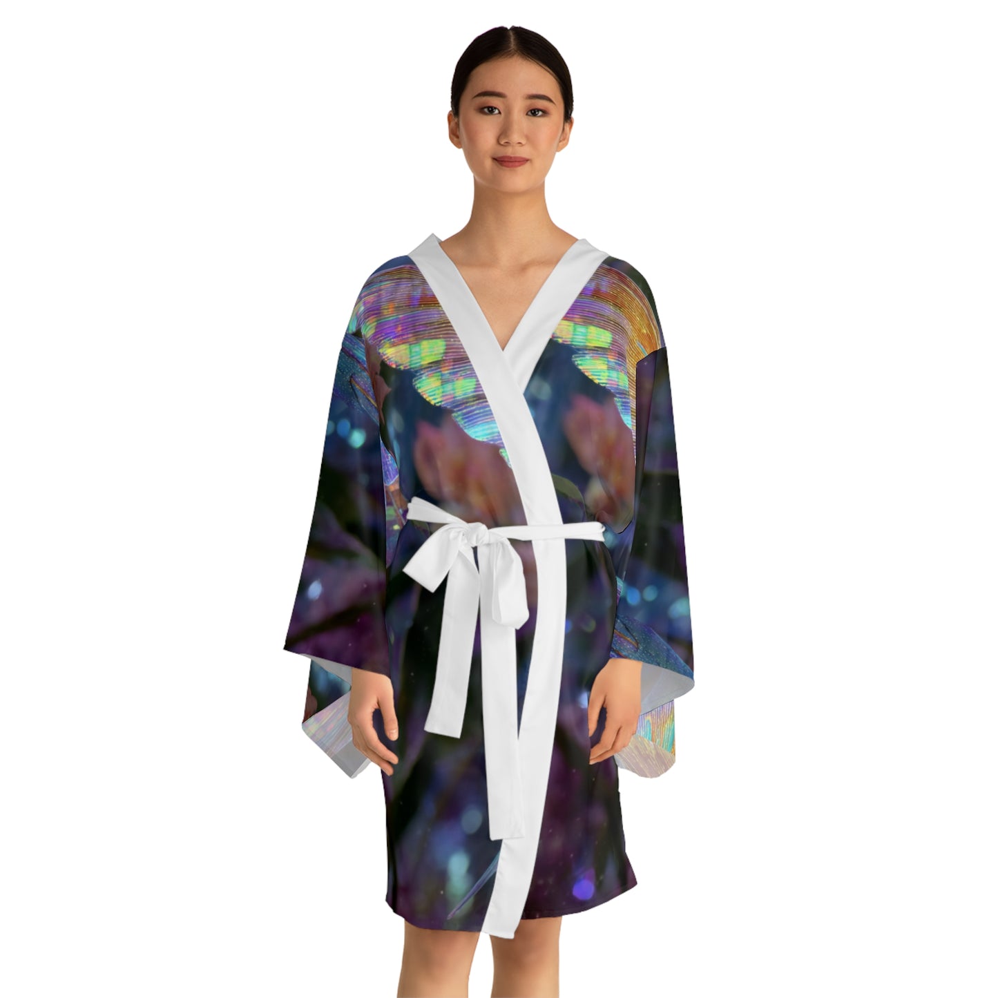 Iridescent Hummingbird, Long Sleeve Kimono Robe - Ethereal Floral Design