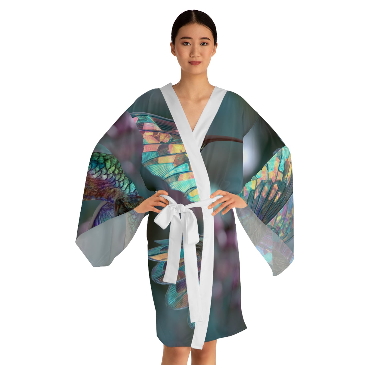 Hummingbird in Flight with Iridescent Wings, Long Sleeve Kimono Robe - Elegant Loungewear for Relaxation & Style