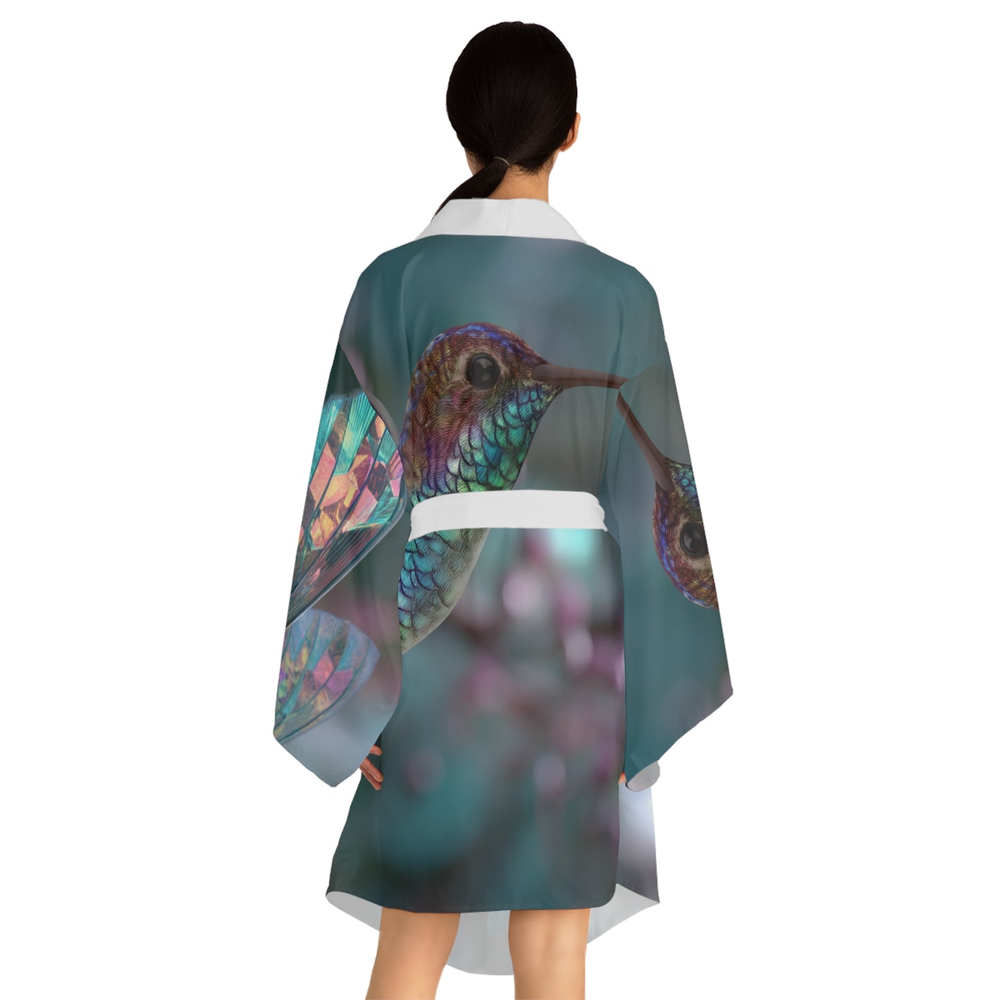 Hummingbird in Flight with Iridescent Wings, Long Sleeve Kimono Robe - Elegant Loungewear for Relaxation & Style
