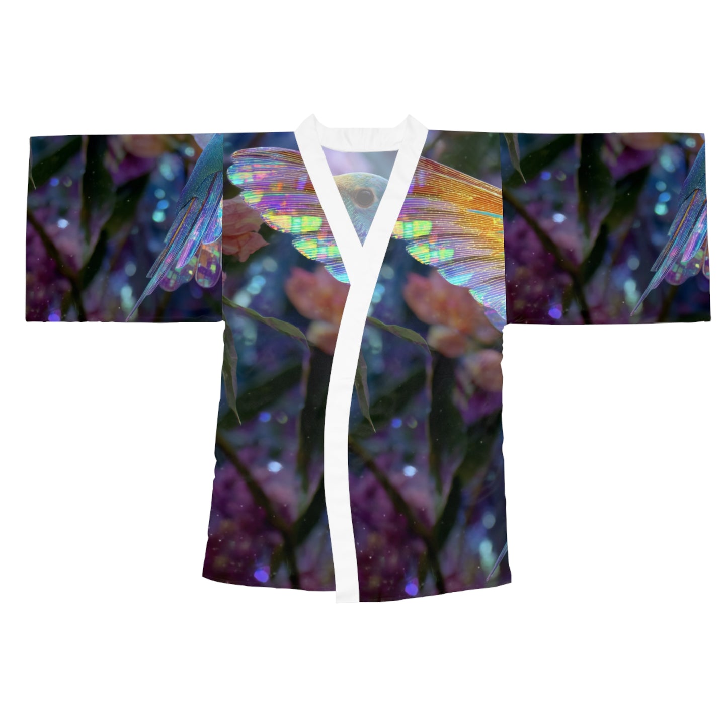 Iridescent Hummingbird, Long Sleeve Kimono Robe - Ethereal Floral Design