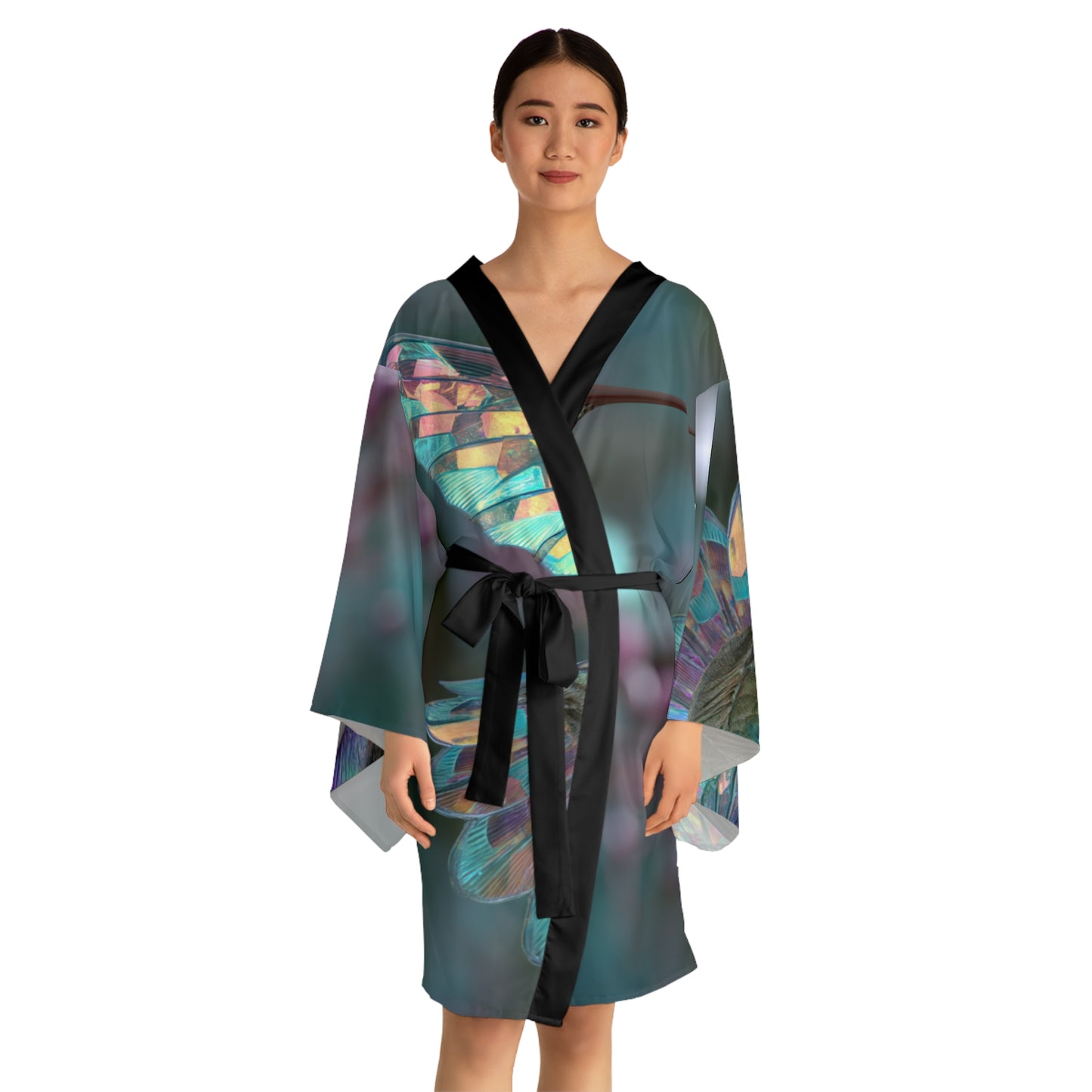 Hummingbird in Flight with Iridescent Wings, Long Sleeve Kimono Robe - Elegant Loungewear for Relaxation & Style