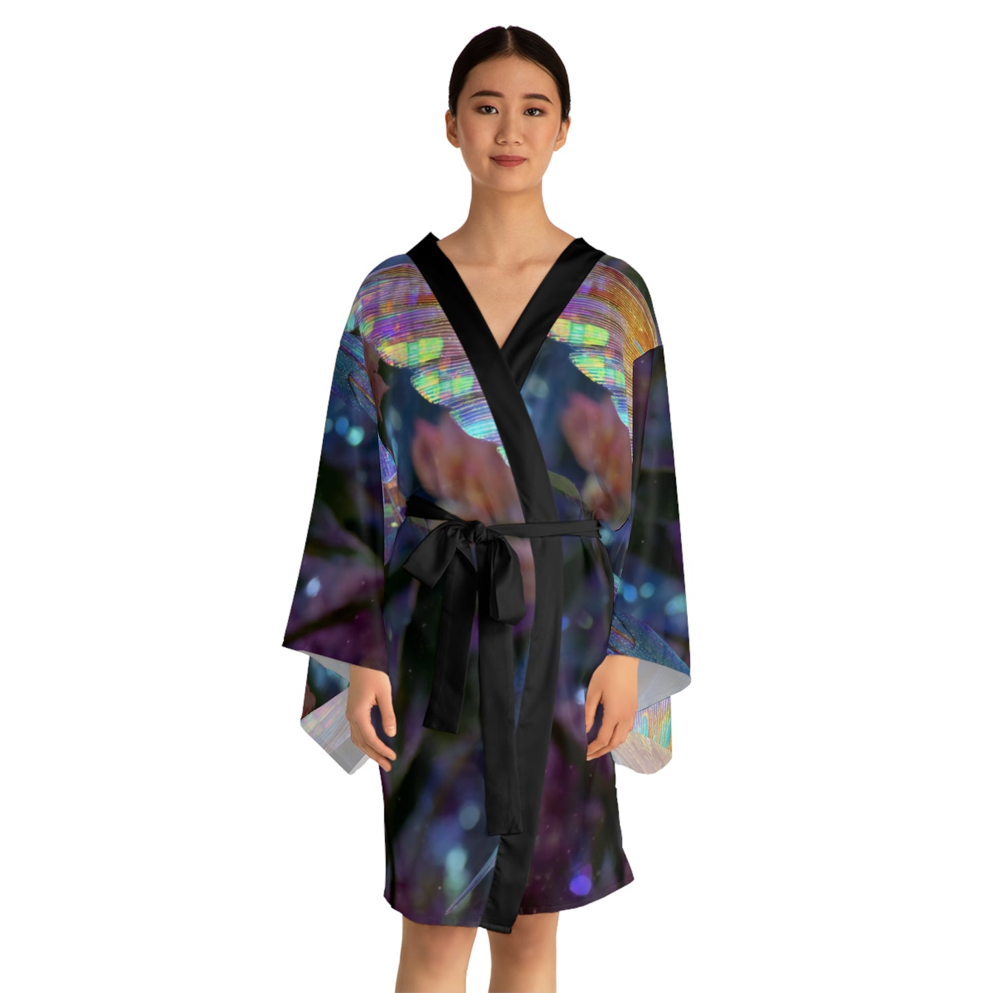 Iridescent Hummingbird, Long Sleeve Kimono Robe - Ethereal Floral Design