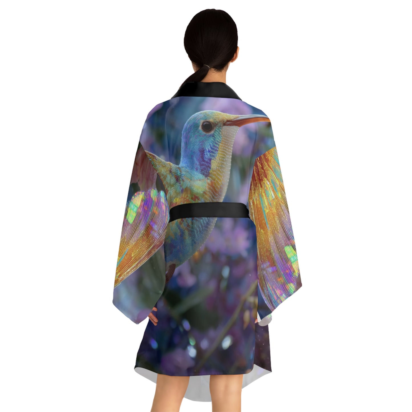 Iridescent Hummingbird, Long Sleeve Kimono Robe - Ethereal Floral Design