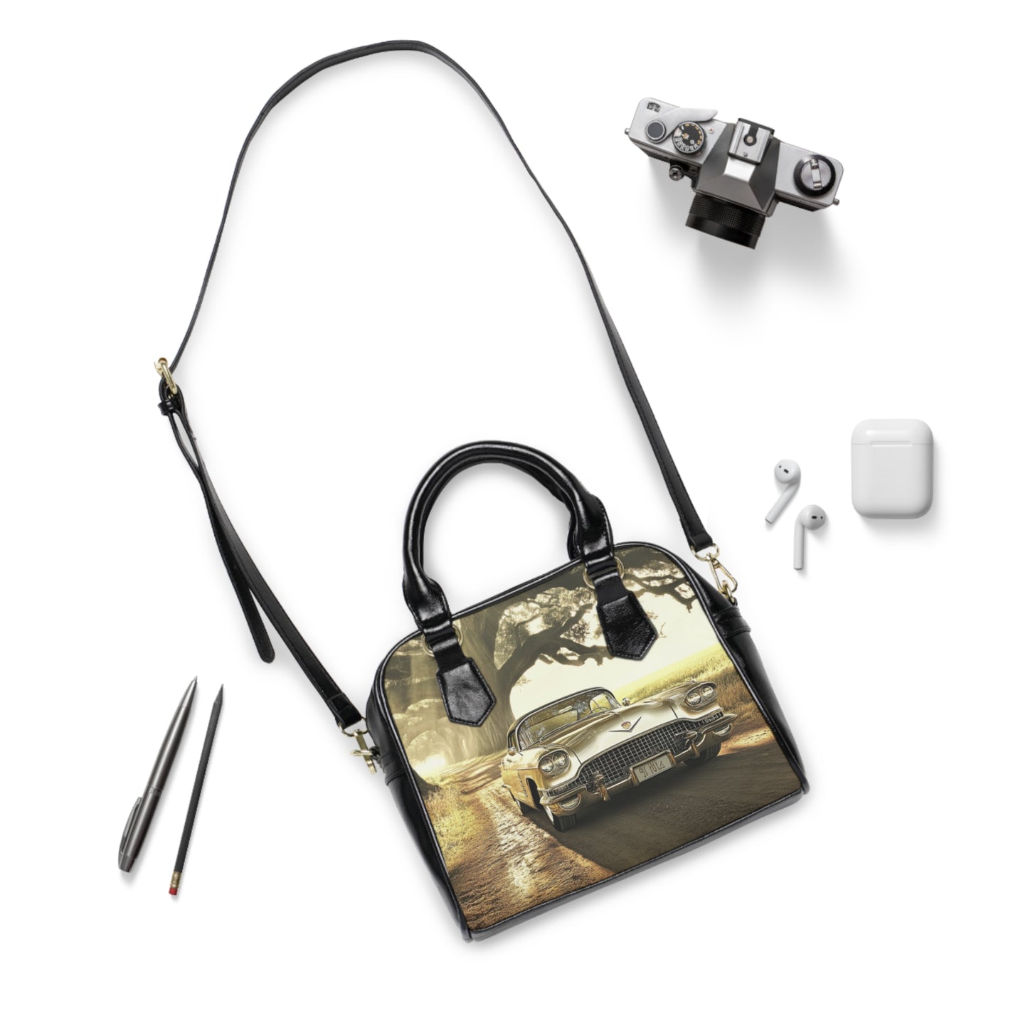 Vintage Golden Cadillac Shoulder Handbag — Retro Classic Car Print Purse