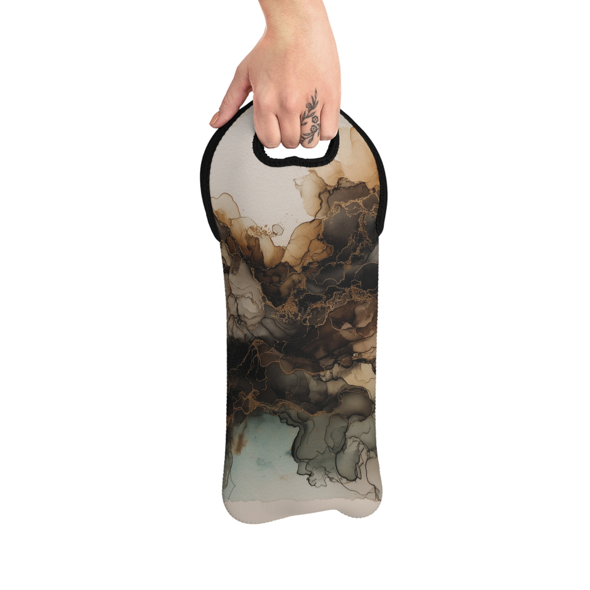 Earth toned Watercolor- Marble Ink Wine Tote Bag — Abstract Neutral Wine Carrier