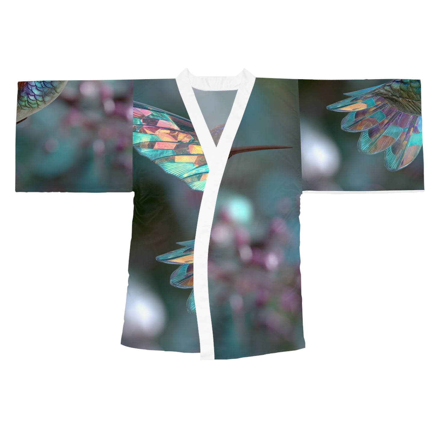 Hummingbird in Flight with Iridescent Wings, Long Sleeve Kimono Robe - Elegant Loungewear for Relaxation & Style