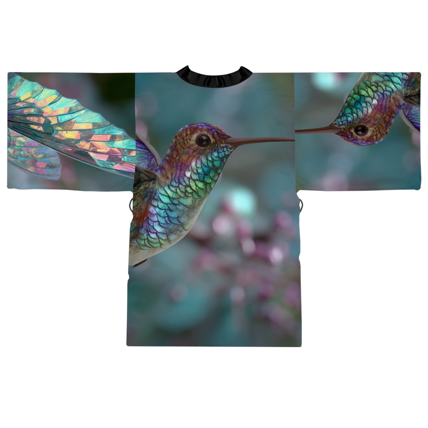 Hummingbird in Flight with Iridescent Wings, Long Sleeve Kimono Robe - Elegant Loungewear for Relaxation & Style