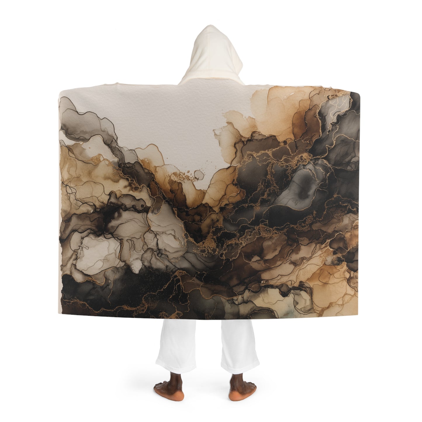 Earth Toned Watercolor, Hooded Sherpa Blanket — Neutral Marble Fleece Throw