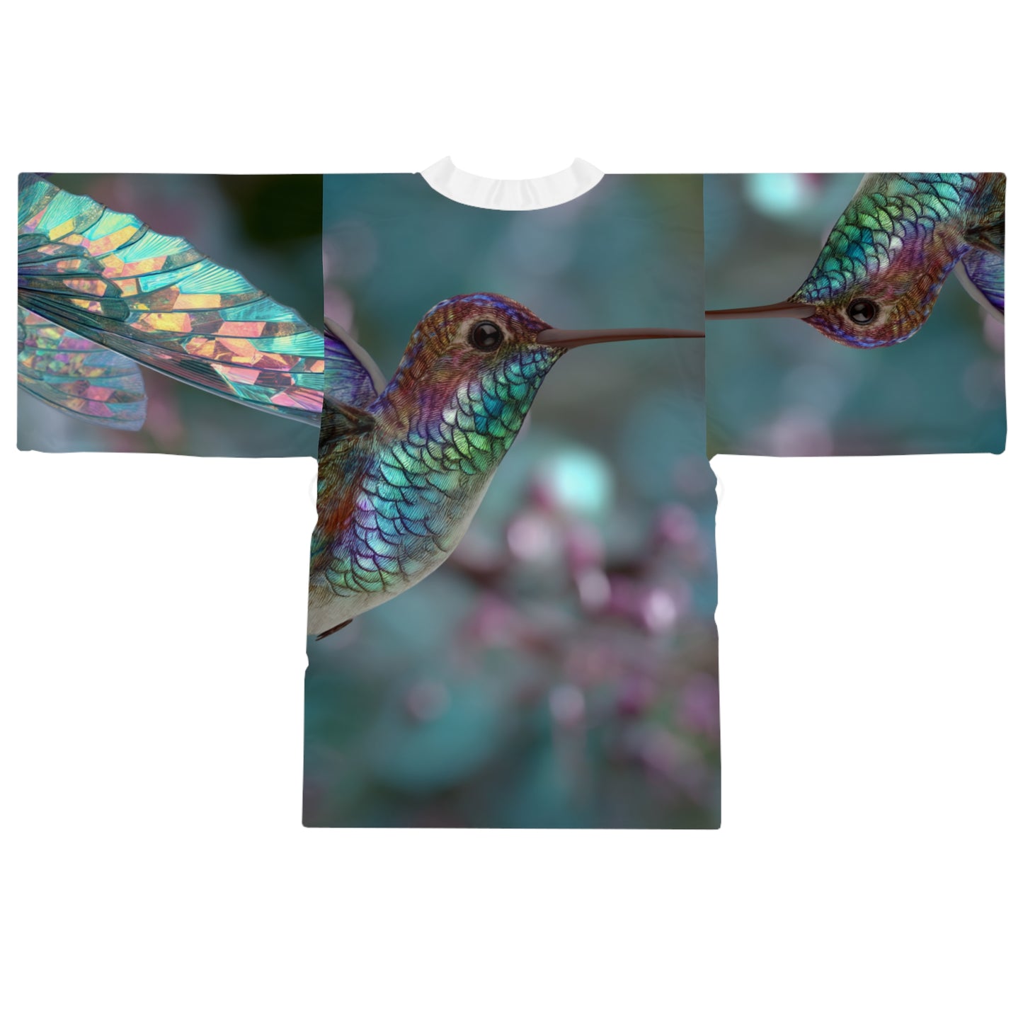 Hummingbird in Flight with Iridescent Wings, Long Sleeve Kimono Robe - Elegant Loungewear for Relaxation & Style