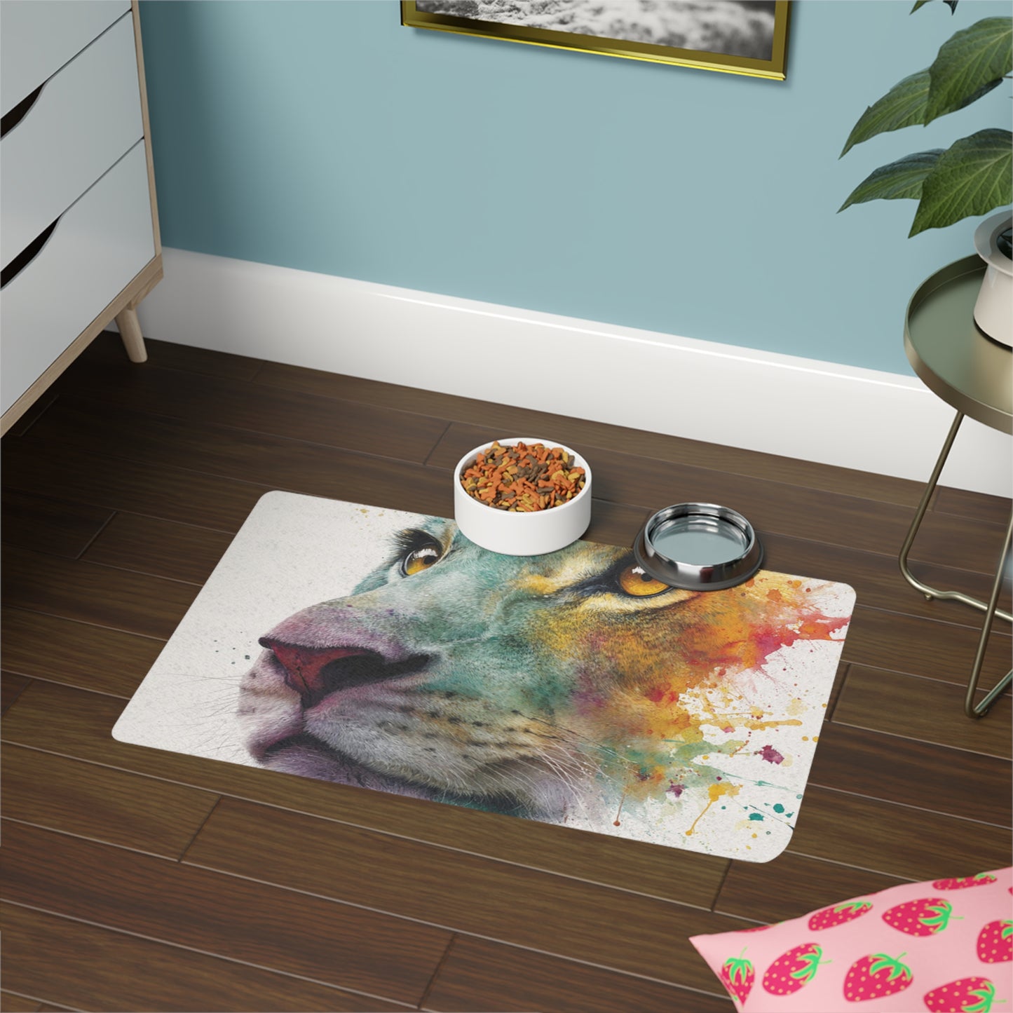 Soul of a Lion, Colorful Lion Pet Food Mat — Watercolor Rescue Bowl Placemat for Cats & Dogs