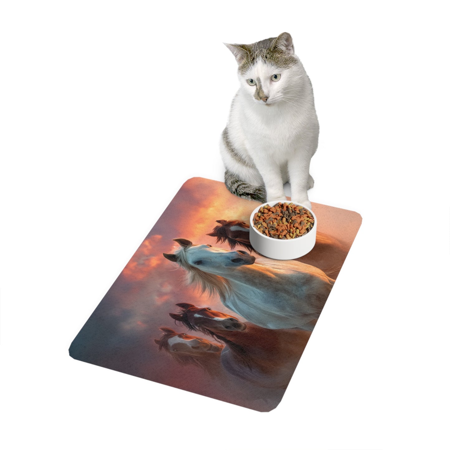 Running on Sunlight, Horse Run Pet Food Mat (12x18) — Durable Non-Slip Placemat for Dog & Cat Bowls