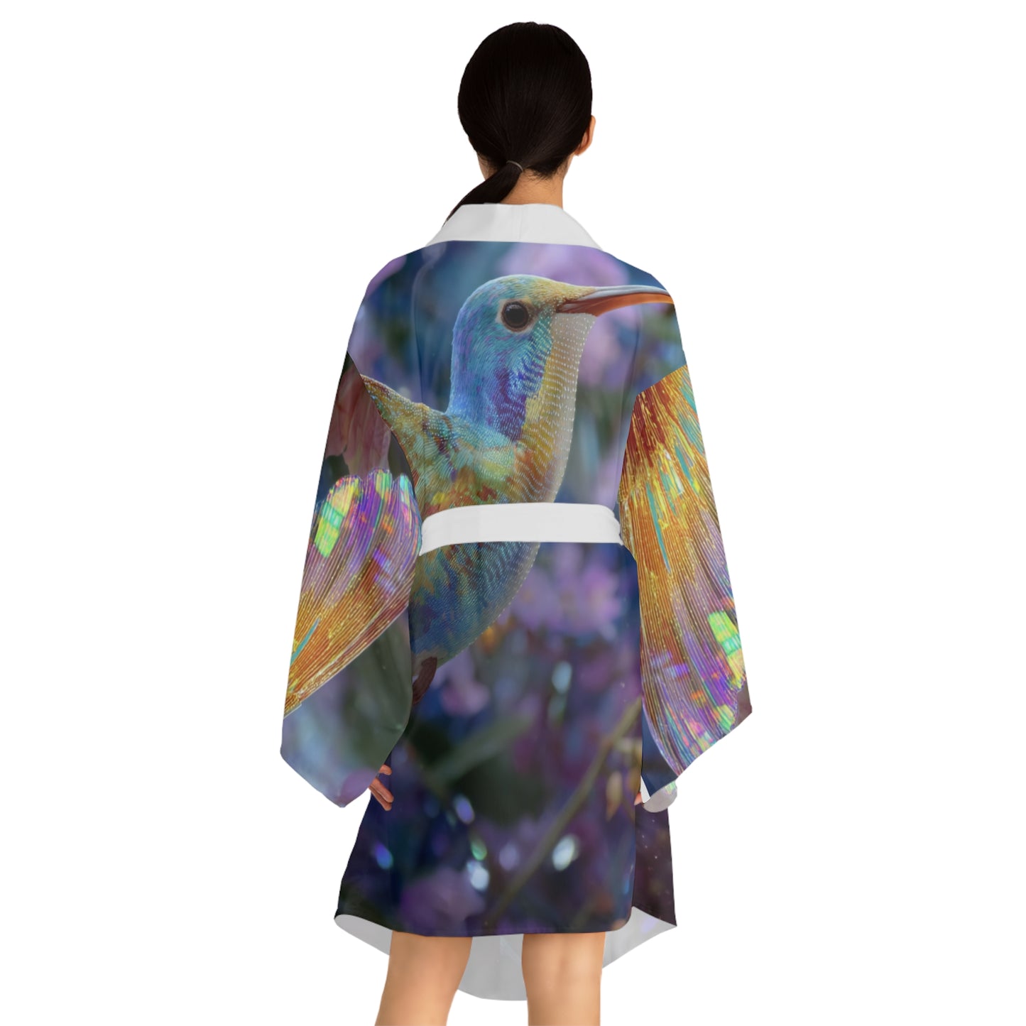 Iridescent Hummingbird, Long Sleeve Kimono Robe - Ethereal Floral Design