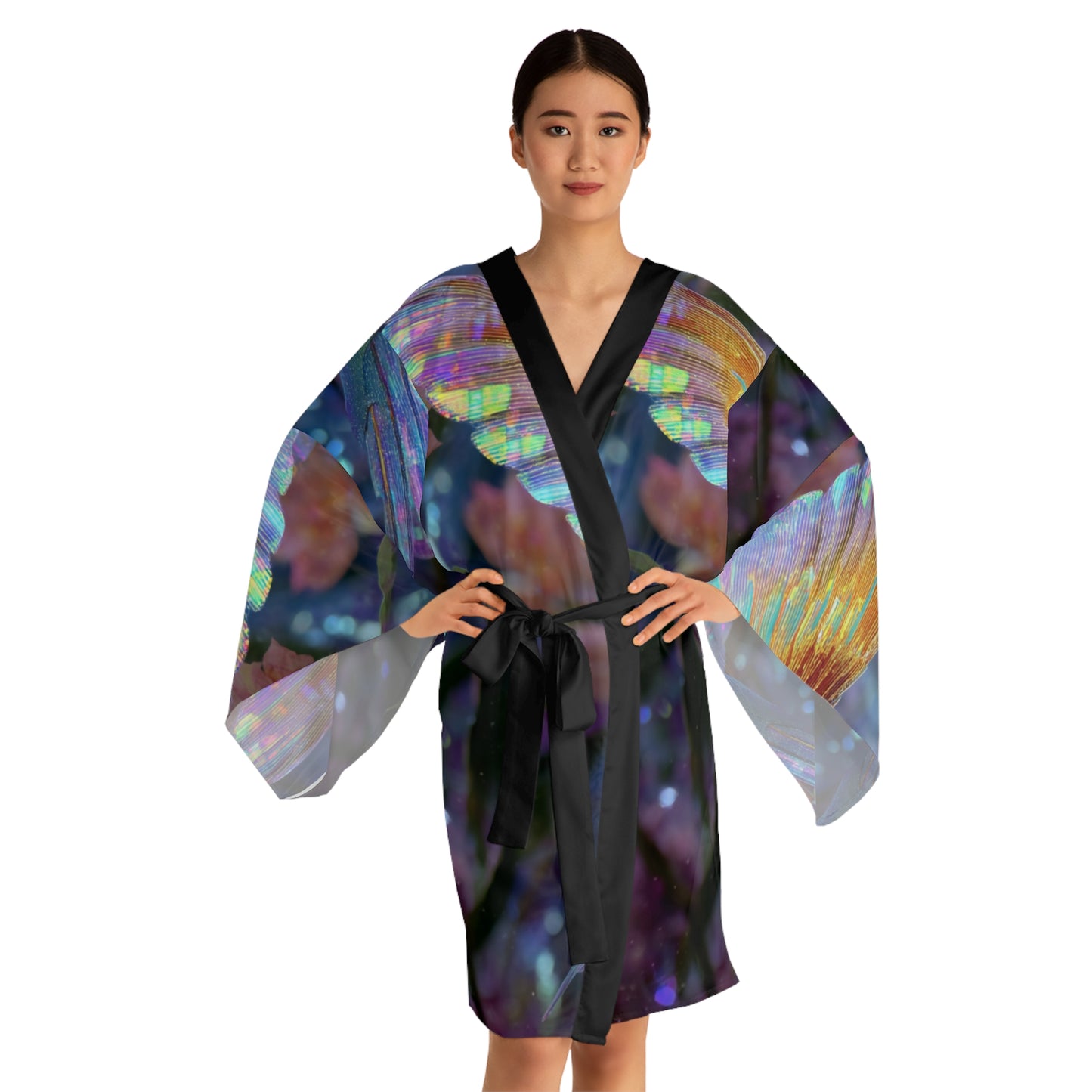 Iridescent Hummingbird, Long Sleeve Kimono Robe - Ethereal Floral Design
