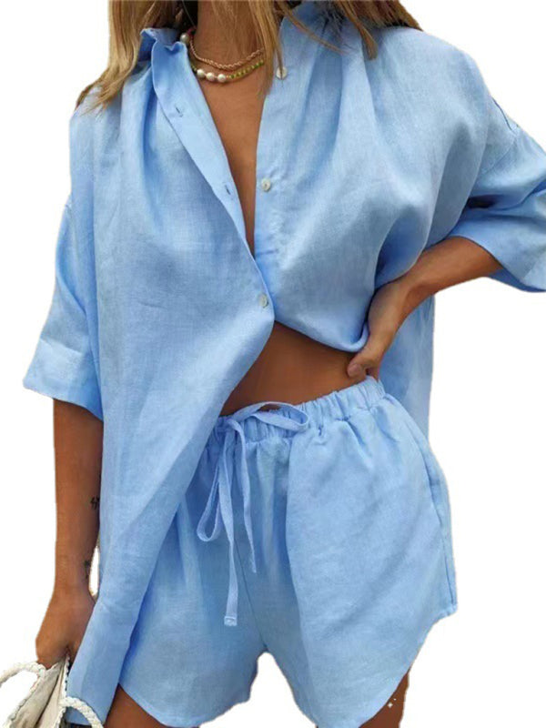 Women’s Solid Color Short Sleeve Shirt & Shorts Set, 6 Colors