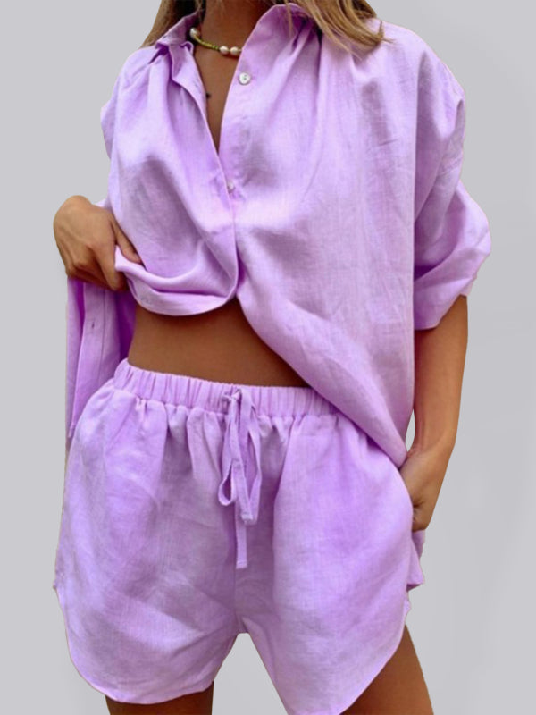 Women’s Solid Color Short Sleeve Shirt & Shorts Set, 6 Colors