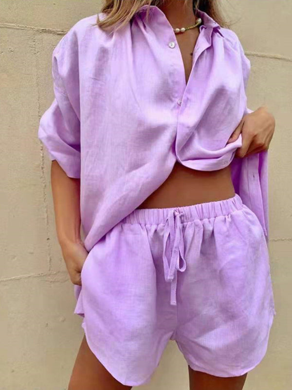 Women’s Solid Color Short Sleeve Shirt & Shorts Set, 6 Colors
