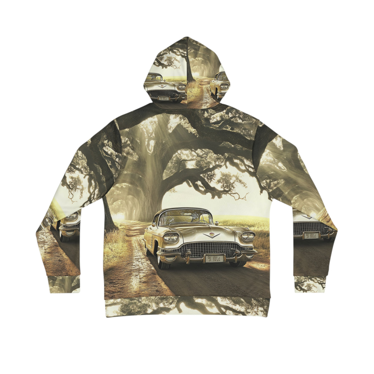 Classic Car Hoodie — Vintage Golden Cadillac Road Scene All-Over Print