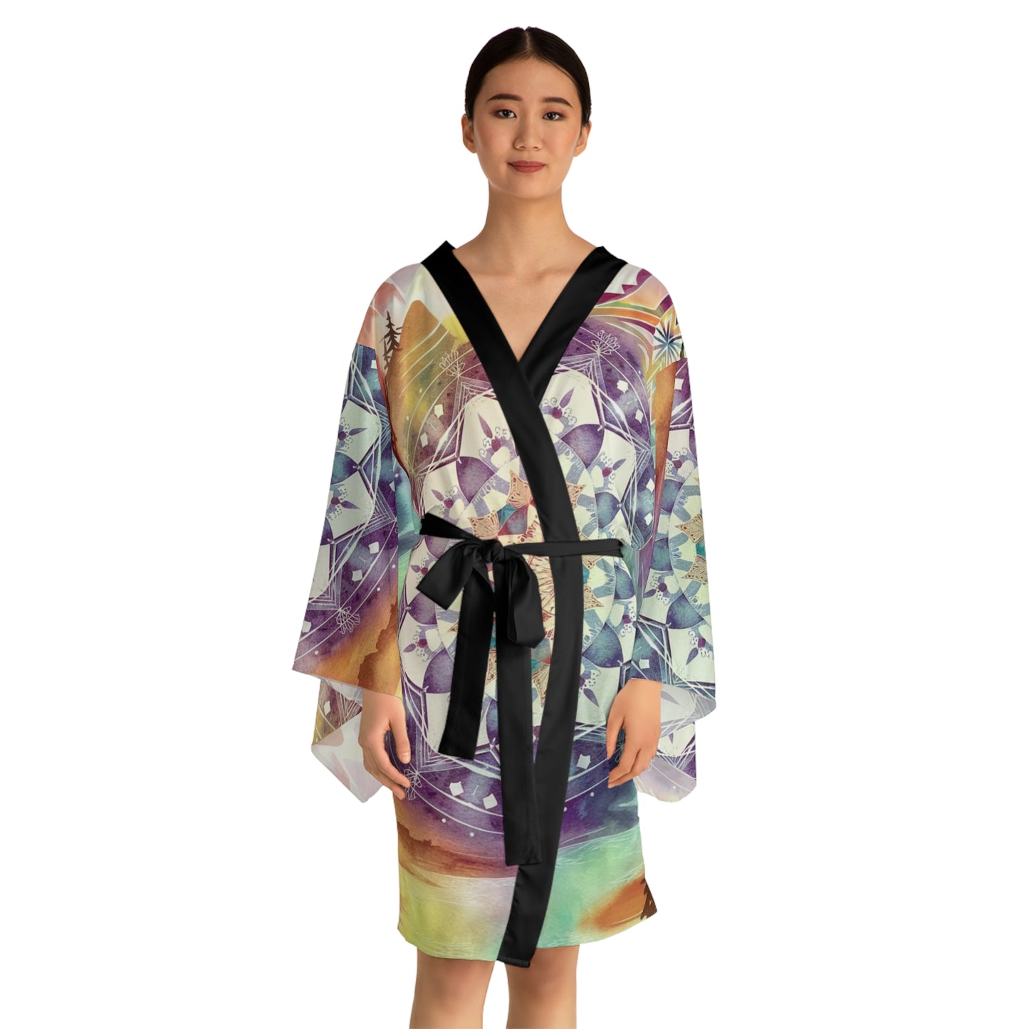 Geometric Pastel Rainbow, Long Sleeve Kimono Robe (AOP)