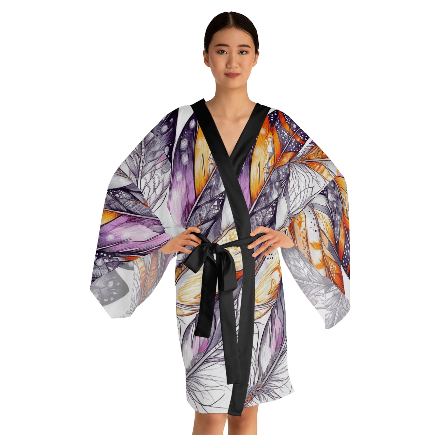 White Feathers, Long Sleeve Kimono Robe (AOP)