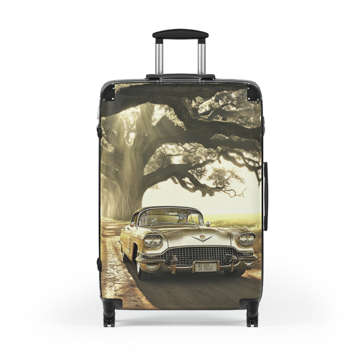 Vintage Golden Cadillac= Unique Easy Identify Travel Suitcase -Roundtrip Carry-On Suitcase — Classic Retro Car Travel Luggage