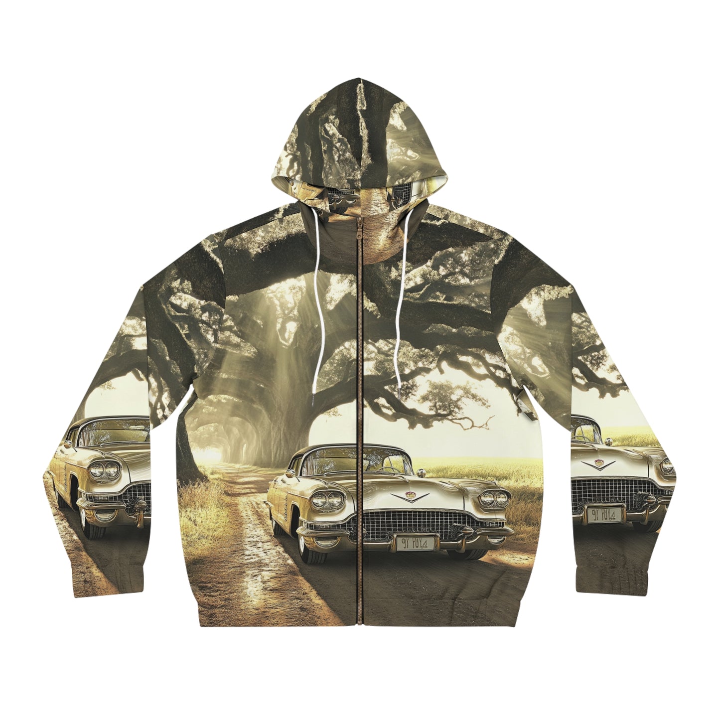 Vintage Golden Cadillac Full-Zip Hoodie — Retro Car Nostalgia Print