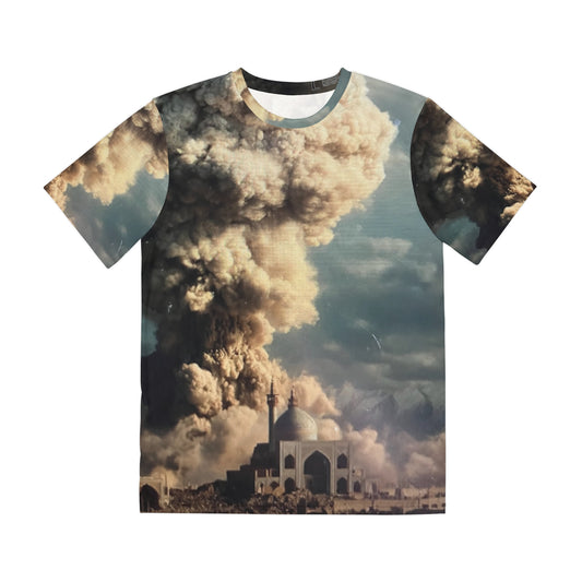 The Echo of Silence, Apocalyptic Mosque Graphic Tee — Dramatic Storm Cloud Print Men’s Shirt