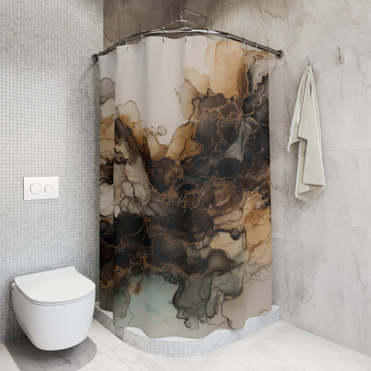 Abstract Earth Tone Watercolor, Shower Curtain — Ink Marble Bathroom Decor