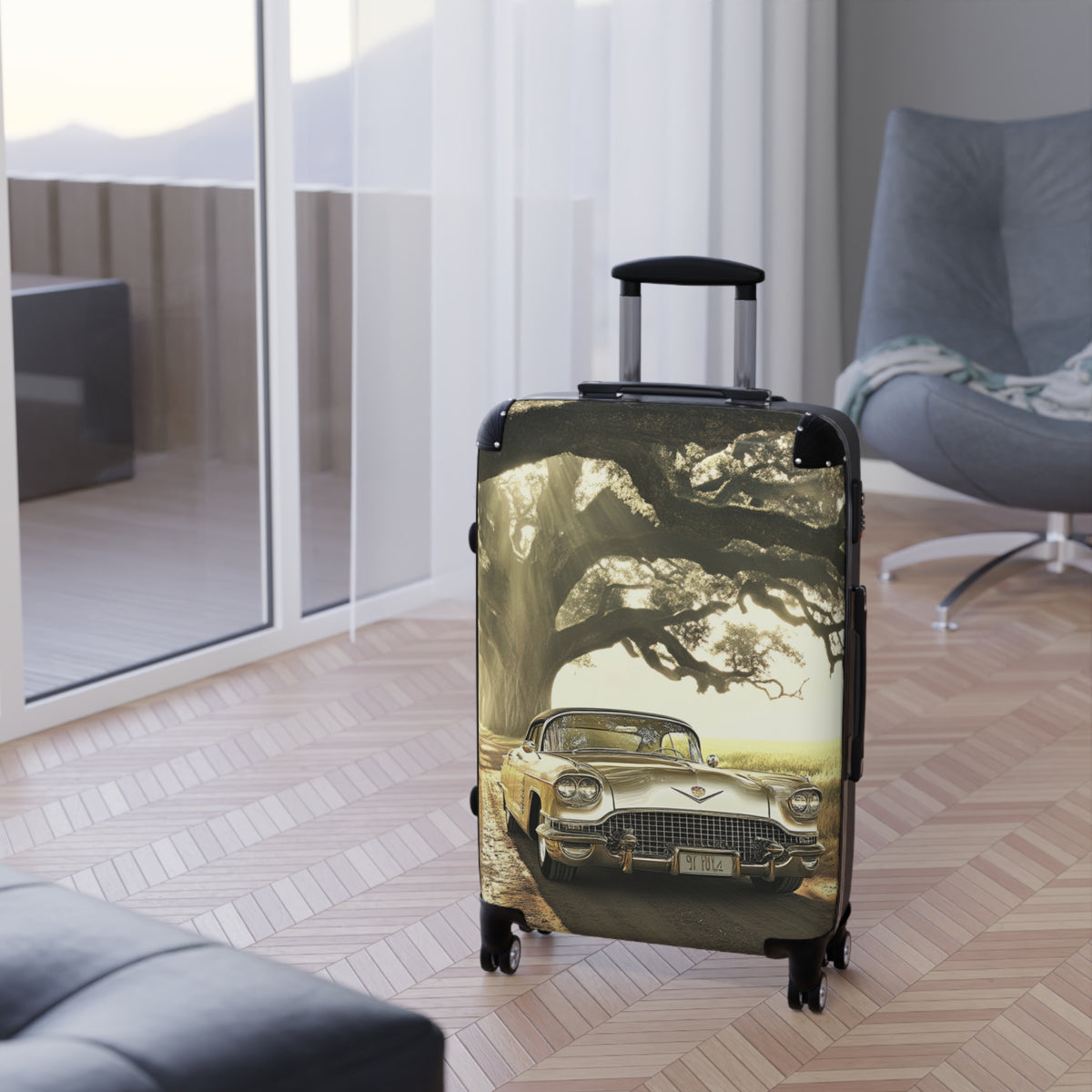 Vintage Golden Cadillac= Unique Easy Identify Travel Suitcase -Roundtrip Carry-On Suitcase — Classic Retro Car Travel Luggage