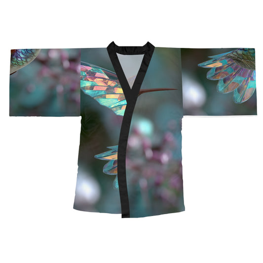 Hummingbird in Flight with Iridescent Wings,  Long Sleeve Kimono Robe - Elegant Loungewear for Relaxation & Style