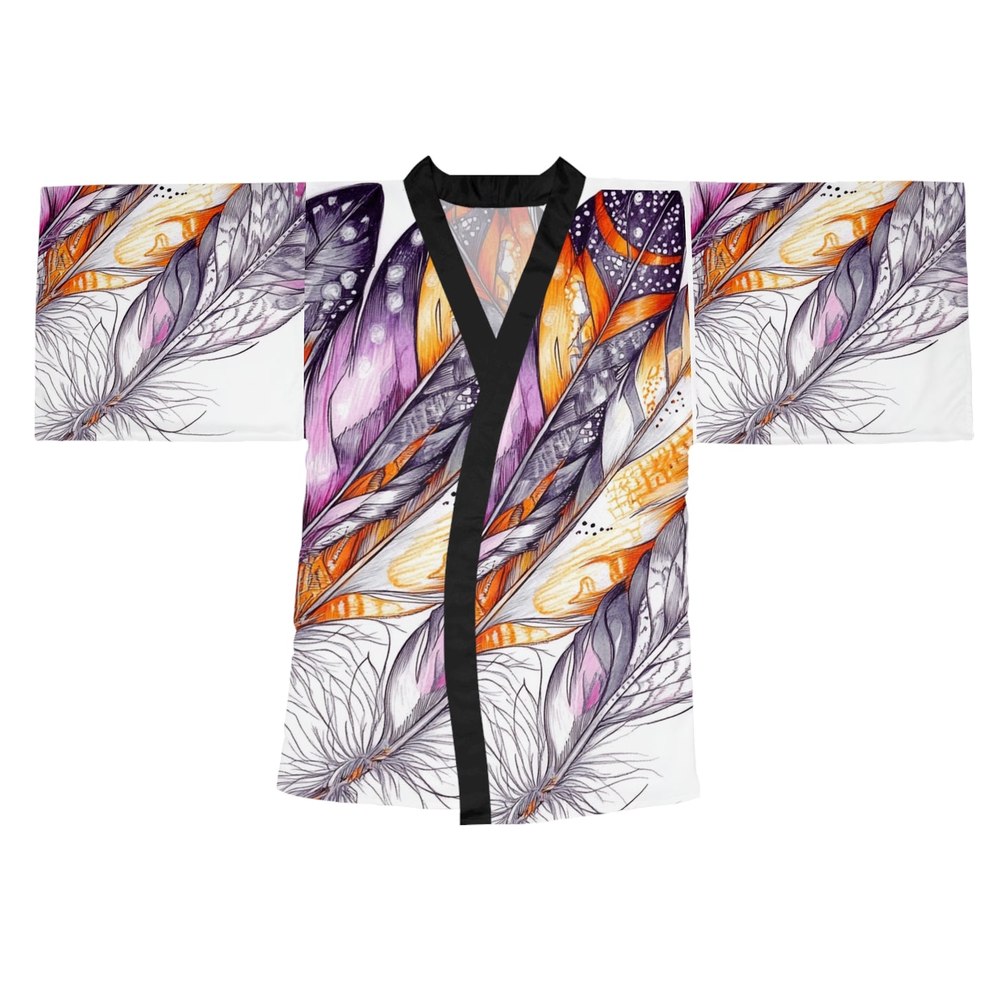 White Feathers, Long Sleeve Kimono Robe (AOP)