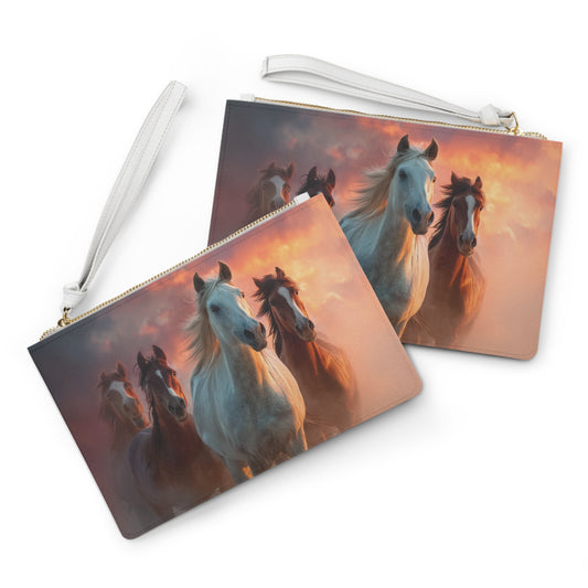 Running on Sunlight, Horse Herd Sunset Clutch Bag — Elegant Running Horses Wristlet for Equestrian Fans