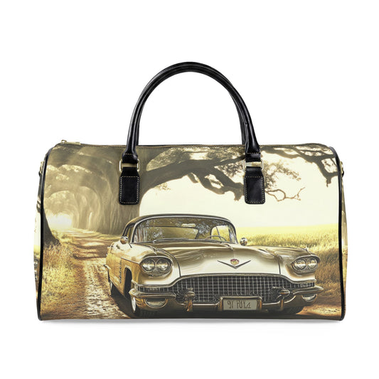 Vintage Golden Cadillac Travel Bag — Retro Car Leather Weekender