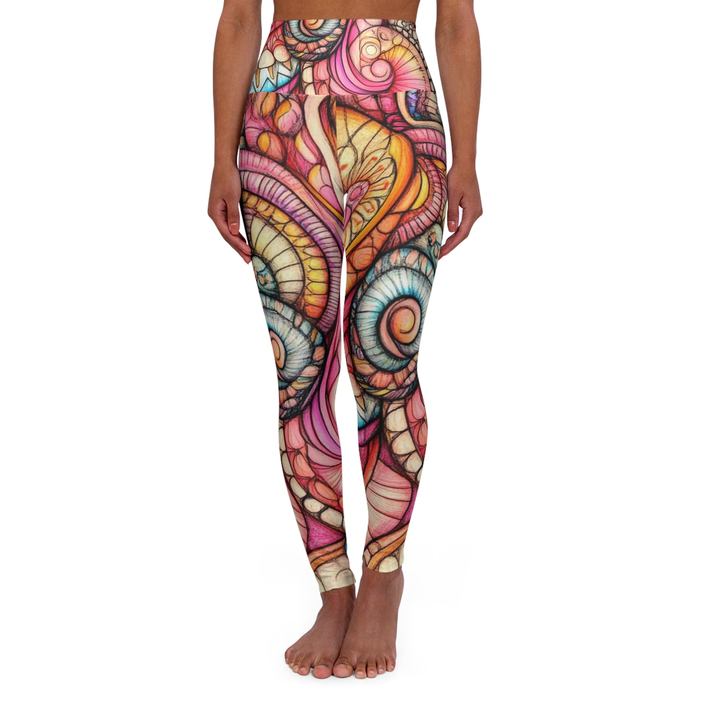 Abstract Seashell, High Waisted Yoga Leggings (AOP)