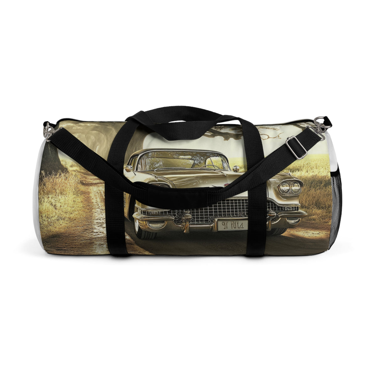 Vintage Golden Cadillac Car Duffel Bag — Retro Roadtrip Travel Gear