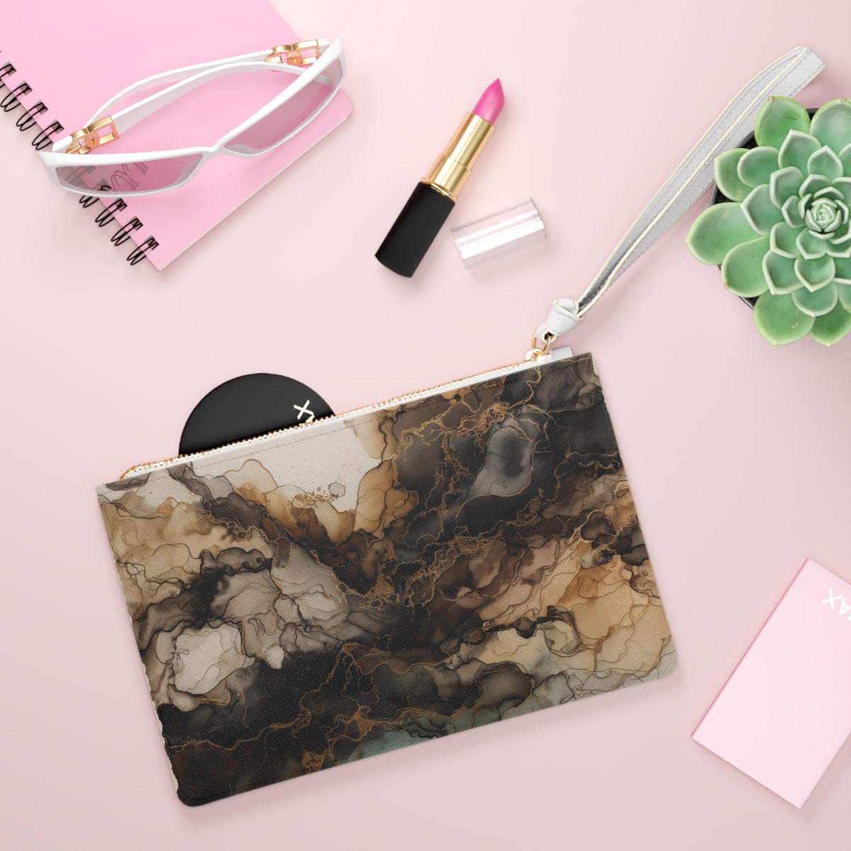 Earth Toned Watercolor, Abstract Brown Marble Clutch Bag — Smoky Ink Swirl Wristlet