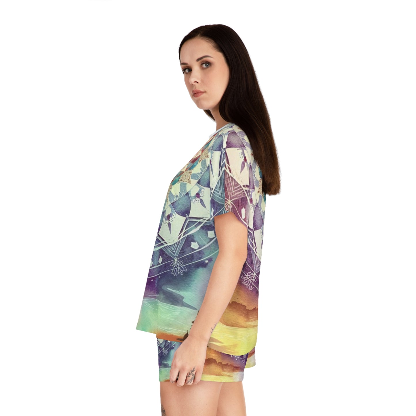 Geometric Pastel Rainbow, Women's Short Pajama Set (AOP)