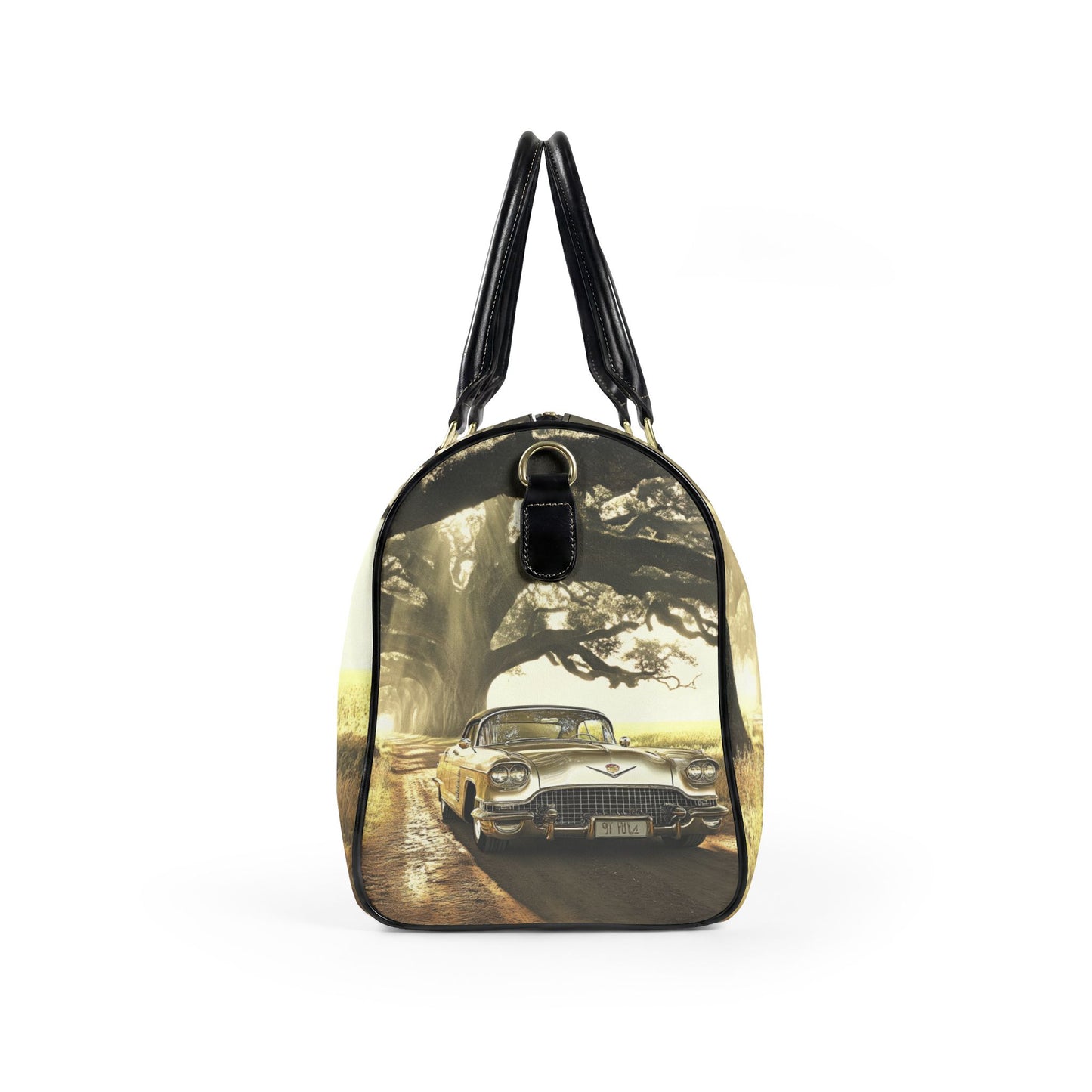 Vintage Golden Cadillac Travel Bag — Retro Car Leather Weekender