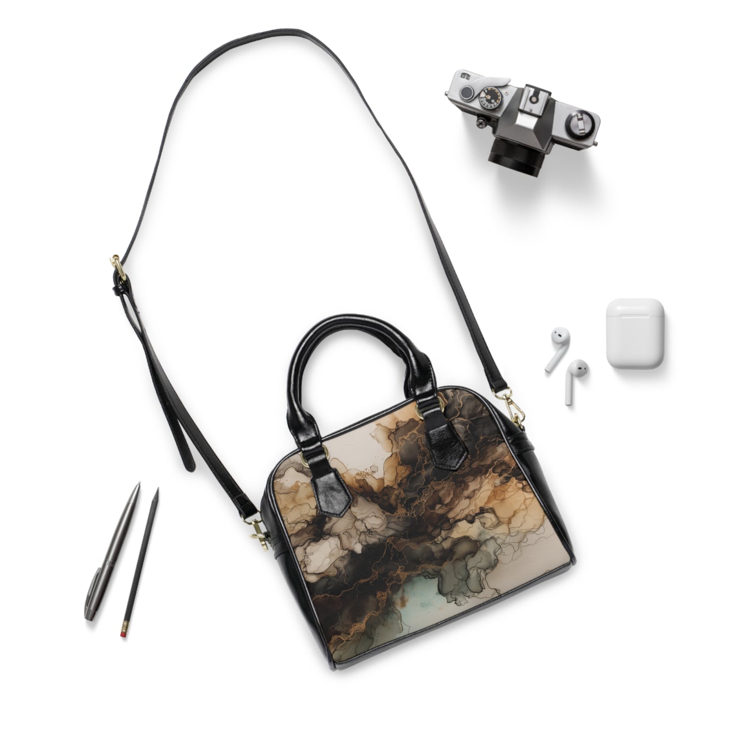 Earth Toned Watercolor, Abstract Ink Cloud Shoulder Handbag — Marble Smoke Print Satchel