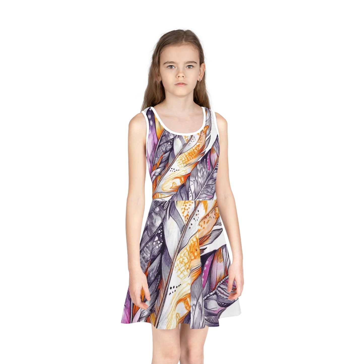 White Feathers, Girls' Sleeveless Sundress (AOP)