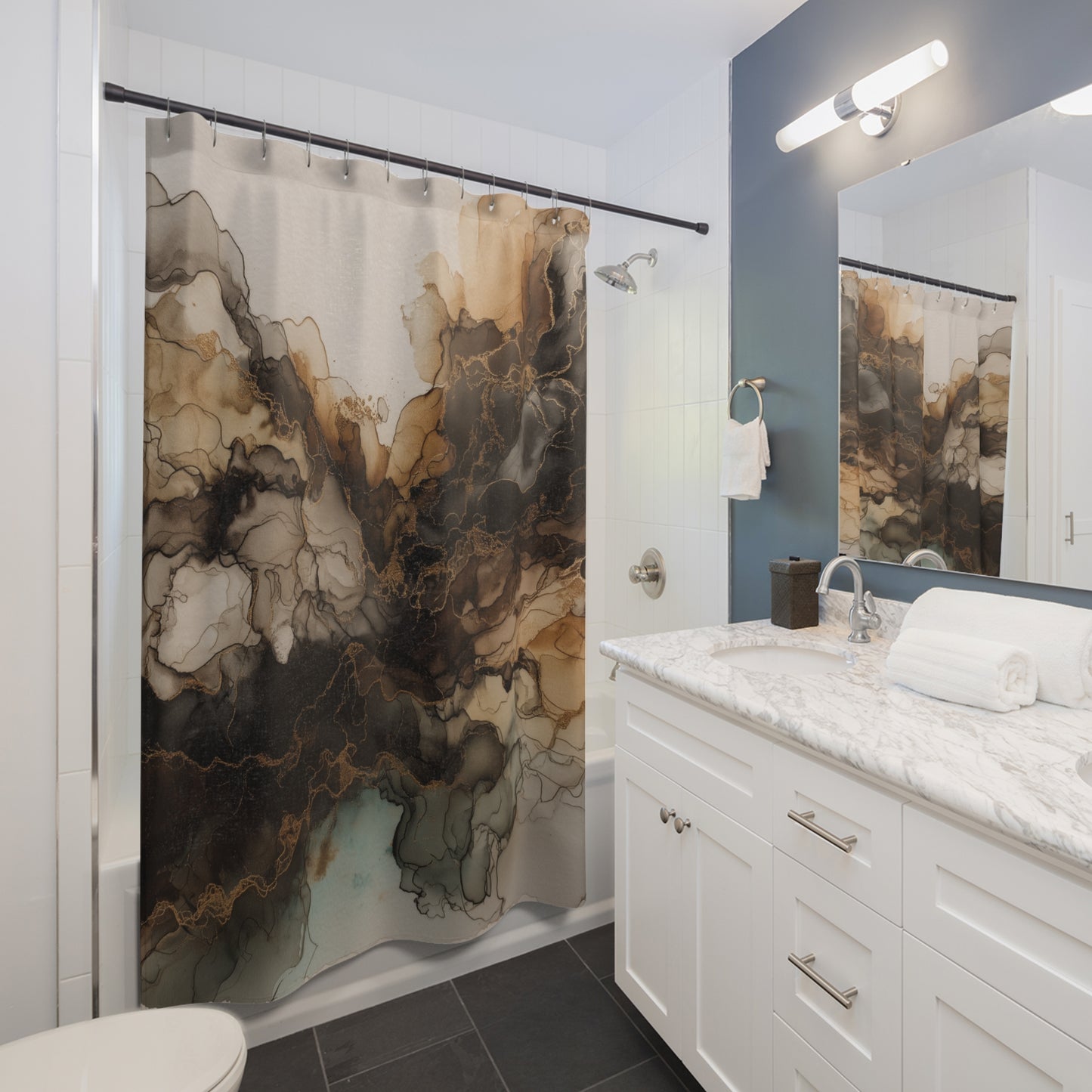 Abstract Earth Tone Watercolor, Shower Curtain — Ink Marble Bathroom Decor