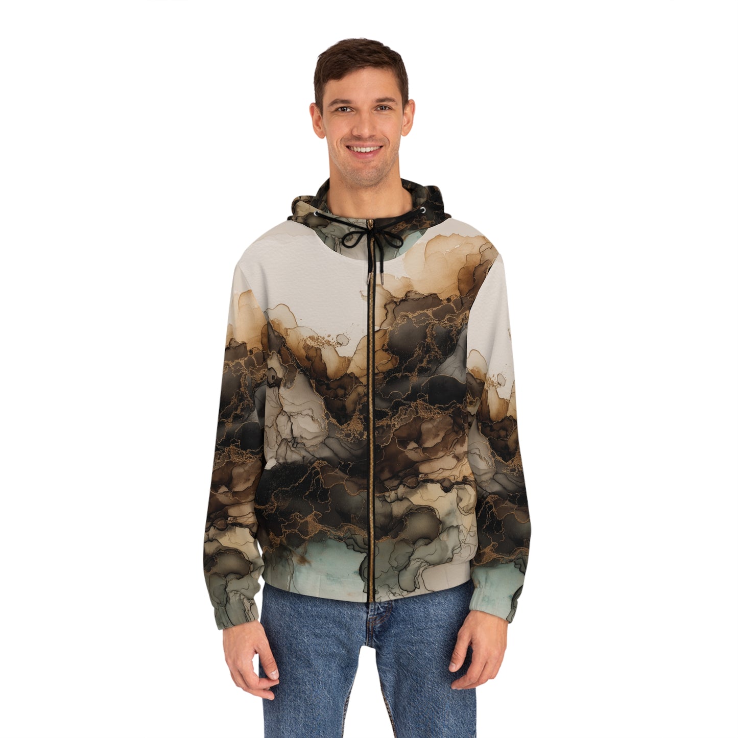 Earth Toned Watercolor, Abstract Ink Smoke Zip Hoodie